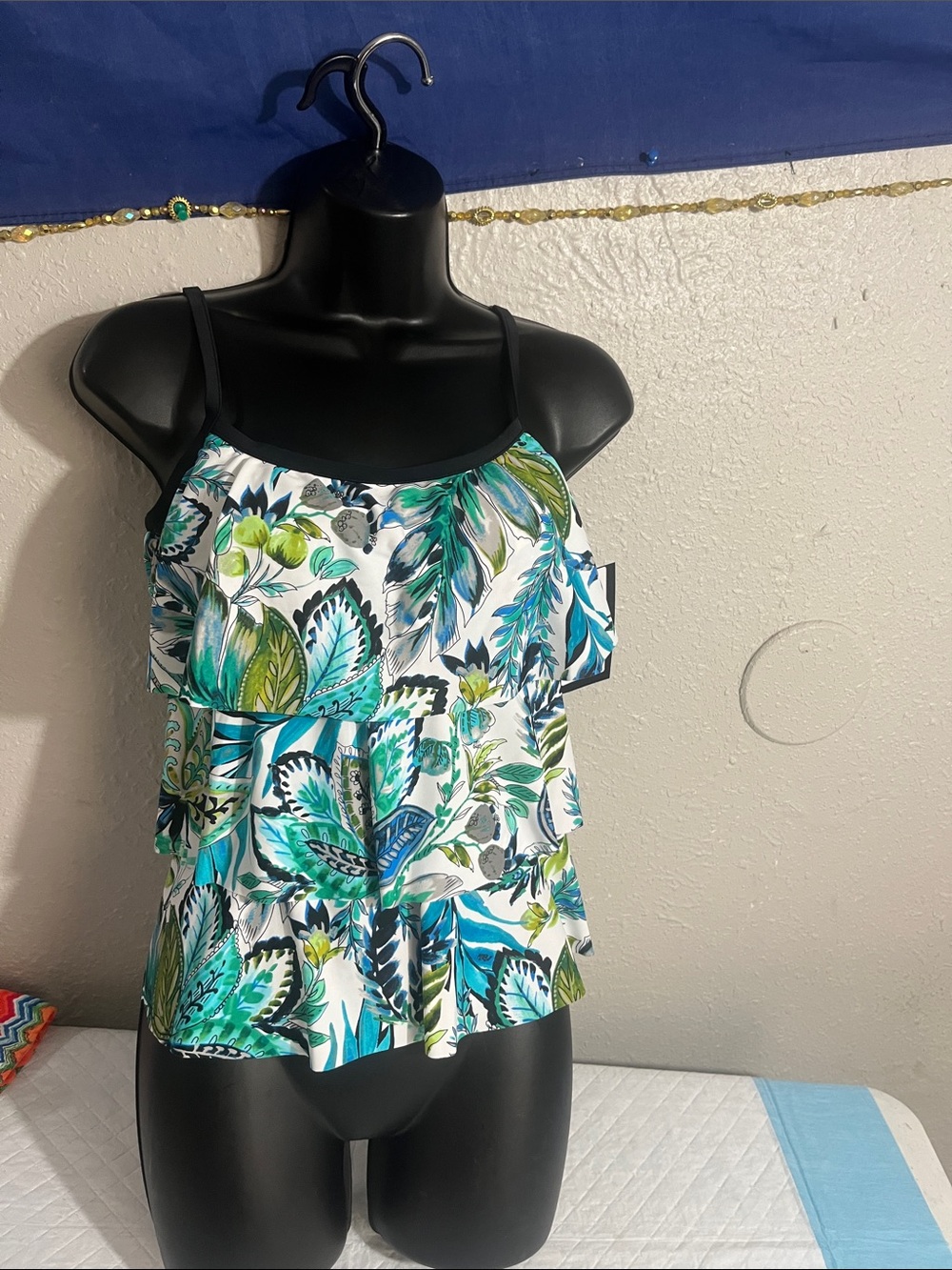 Maxine of Hollywood White Floral Tiered Ruffle Camisole with Teal & Green
